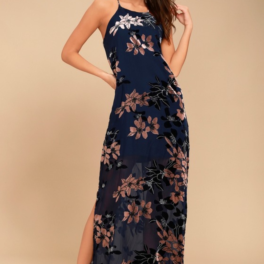 NWOT Moonflower Navy Blue Velvet Floral Print Maxi